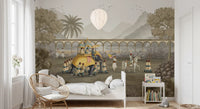 Kids bedroom scene where a golden elephant wall mural sets a calm royal 