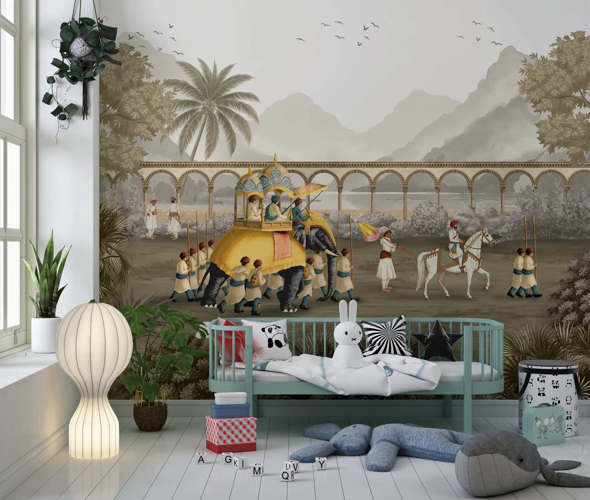 Nursery brightened by the elephant and horse procession wall mural