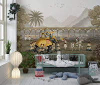 Nursery brightened by the elephant and horse procession wall mural
