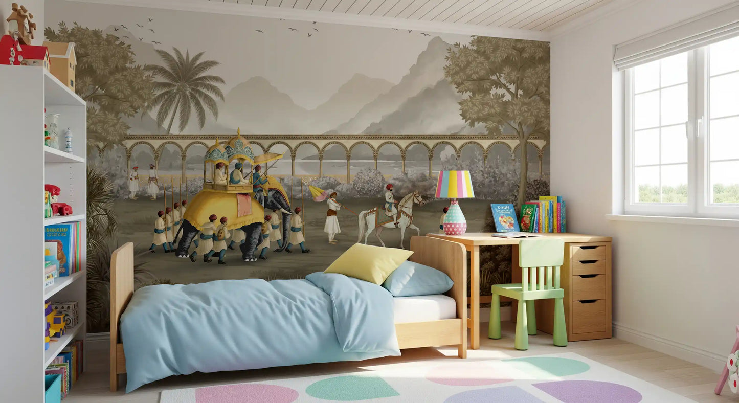 Kids' room featuring the Mughal elephant procession wall mural in warm sepia tones