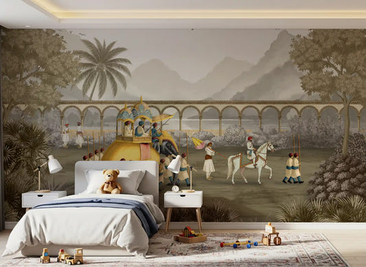 Kids Bedroom styled with the Mughal Grandeur elephant procession wall mural