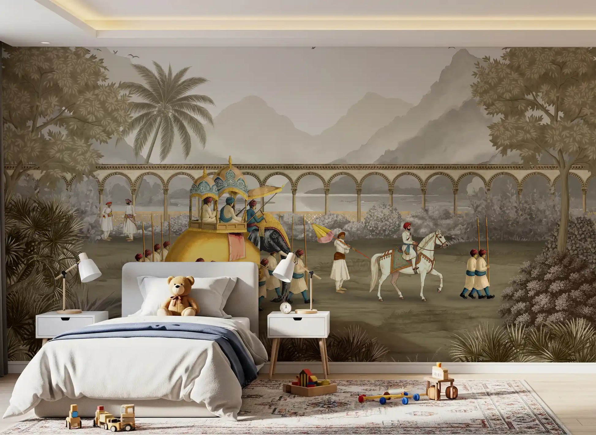 Kids Bedroom styled with the Mughal Grandeur elephant procession wall mural