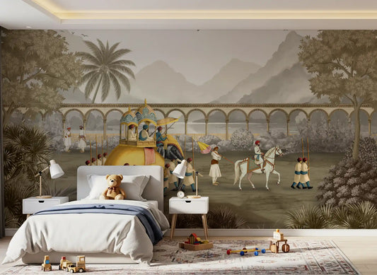 Kids Bedroom styled with the Mughal Grandeur elephant procession wall mural