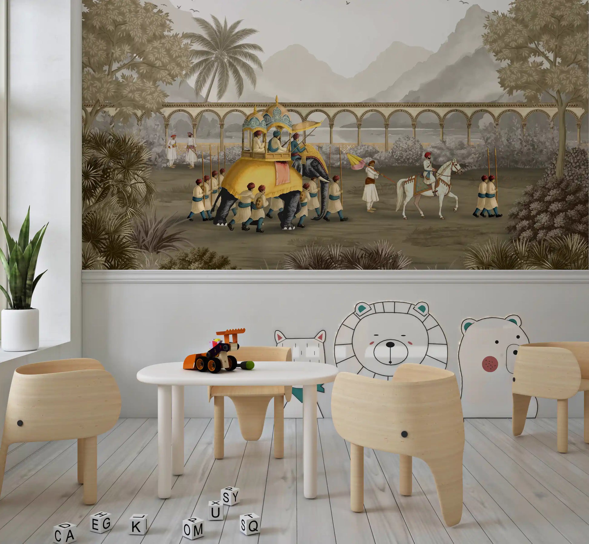 Kids play area arranged around the Mughal Grandeur procession wall mural