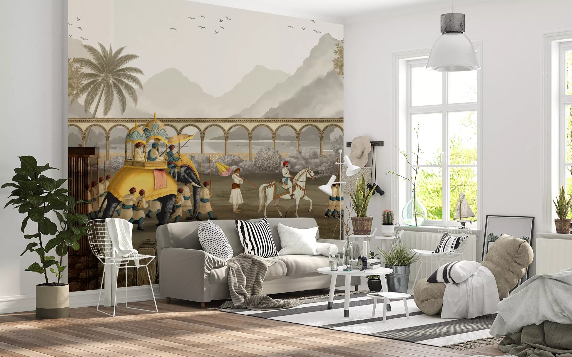Living room showing the Mughal Grandeur wall mural across the back