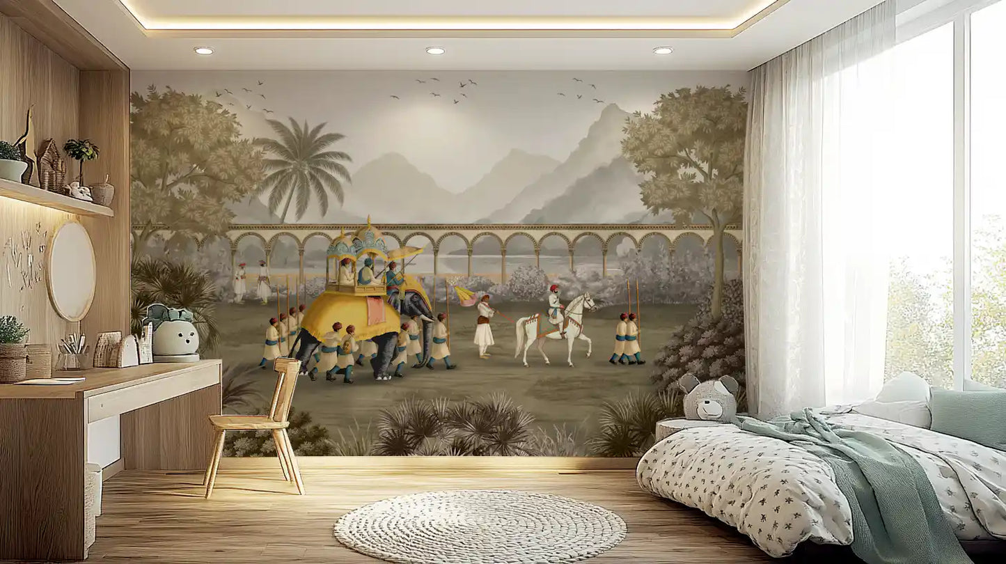 Arched stone bridge stretches behind the Mughal elephant procession wall mural