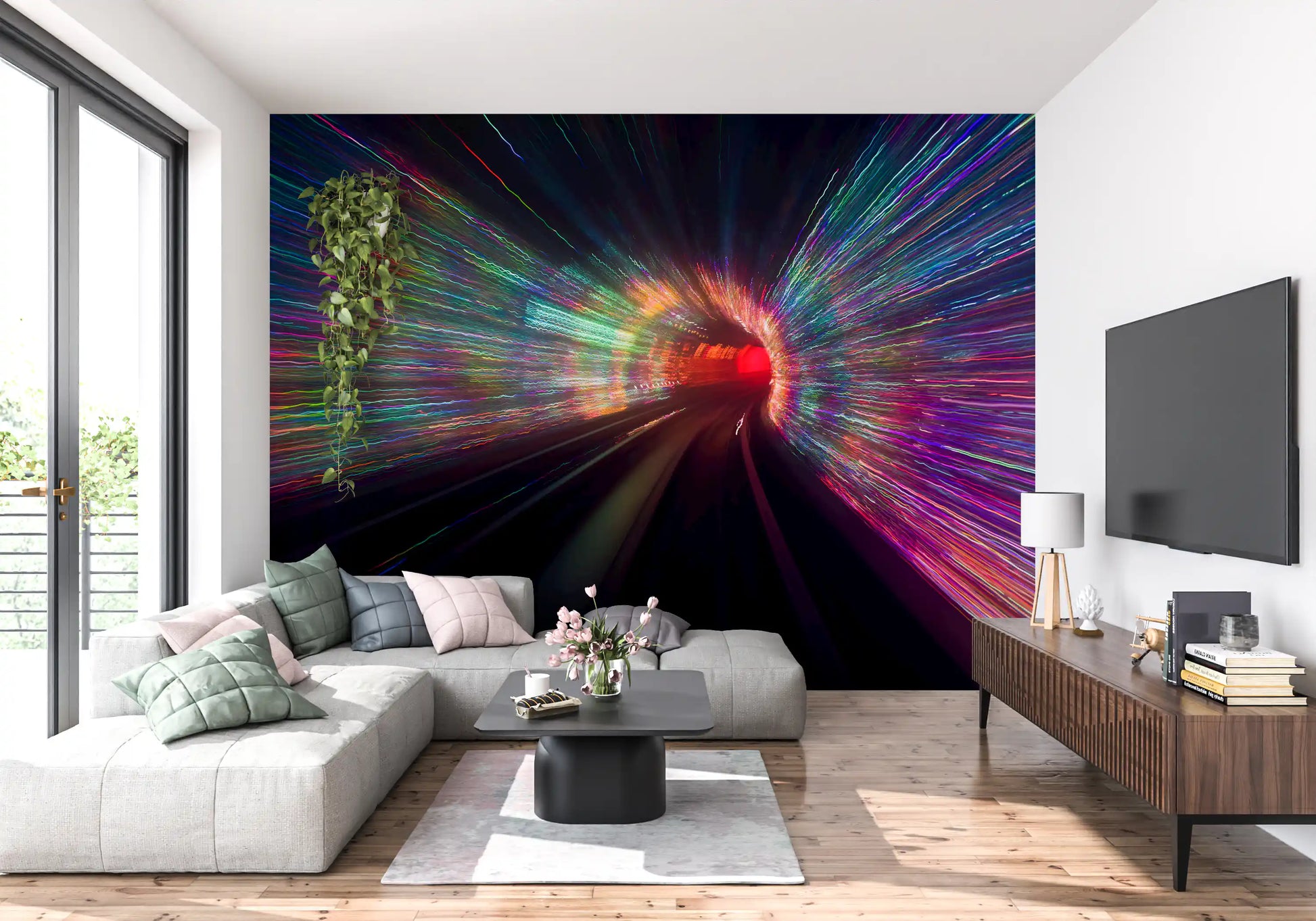 Glowing crimson centre pulls focus on Warp Speed Lights wall mural