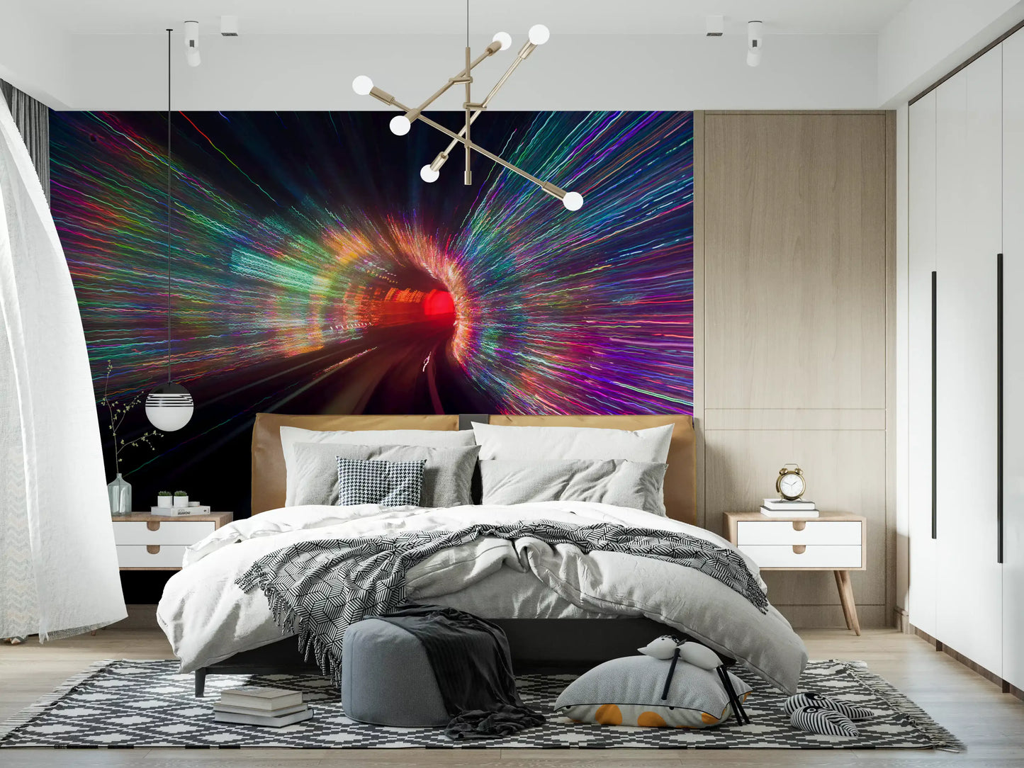 Bedroom feature wall mural showing red tunnel light trails