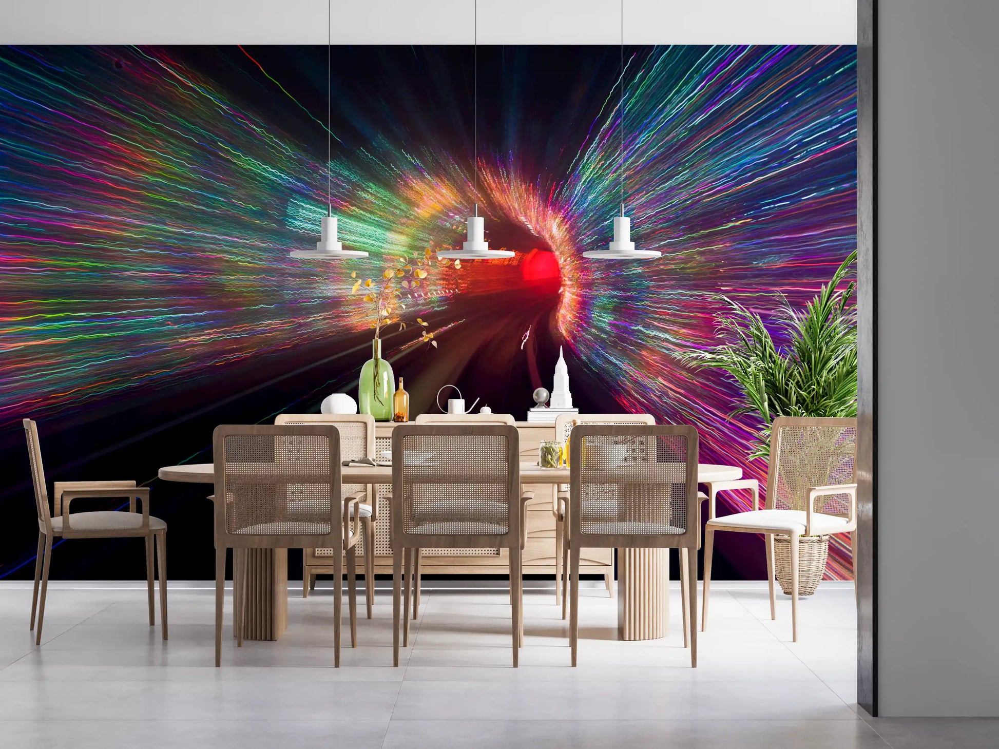 Dining room with the Warp Speed Lights wall mural motion effect