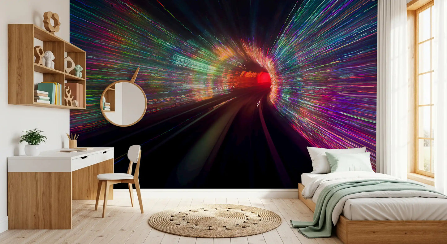 Multicolour light trails race through the Warp Lights wall mural