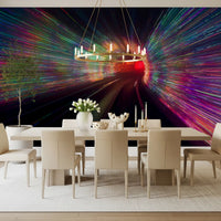 Dining area glowing under the colourful Warp Speed Lights wall mural