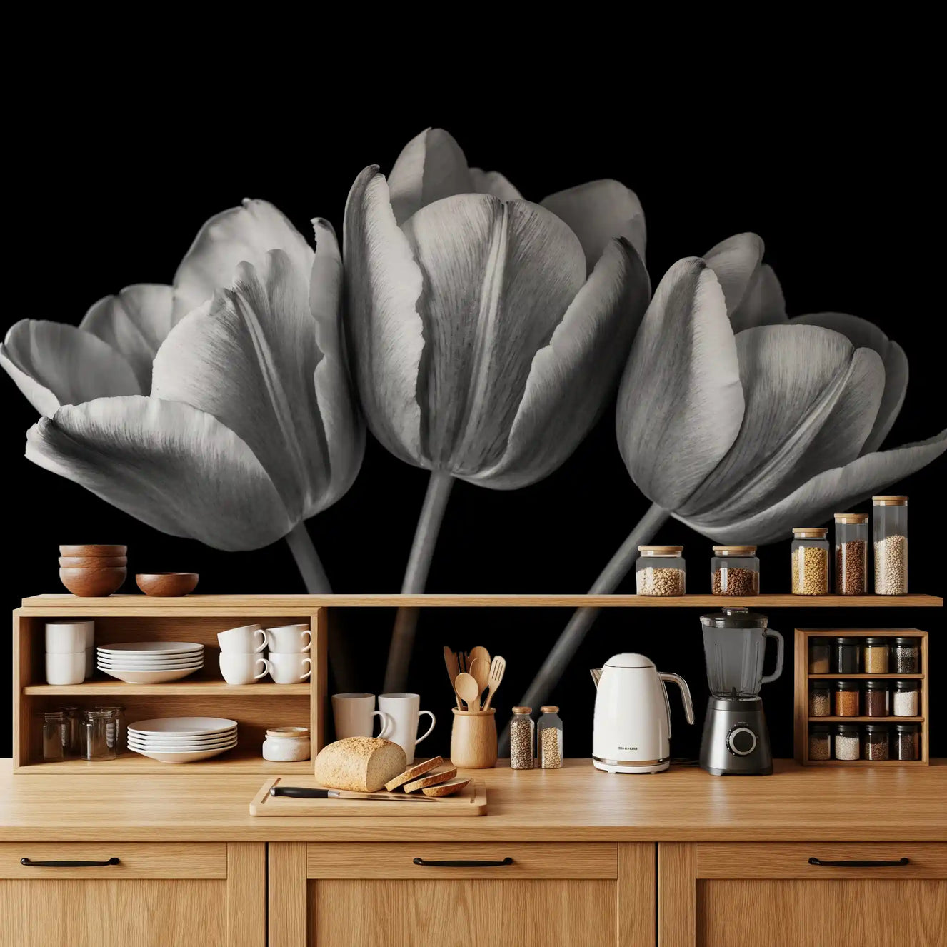 Kitchen area featuring three monochrome tulips in the Tulip Shadows wall mural