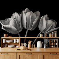 Kitchen area featuring three monochrome tulips in the Tulip Shadows wall mural