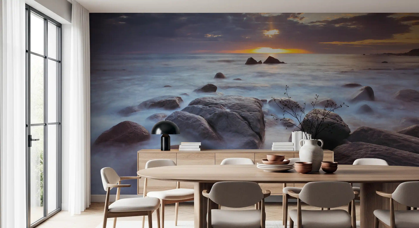Wide ocean horizon greets a Dining room wall mural of rocky shores