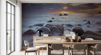 Wide ocean horizon greets a Dining room wall mural of rocky shores