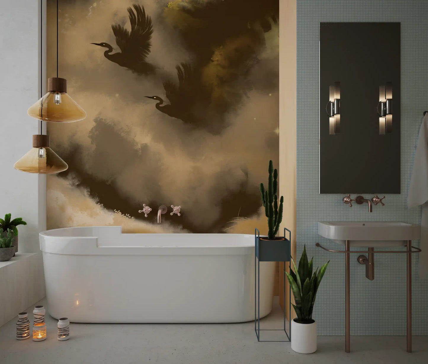 Heron wall mural setting a quiet tone in a bright bathroom