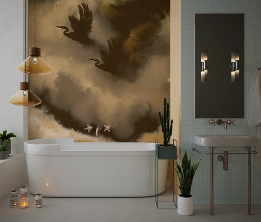 Heron wall mural setting a quiet tone in a bright bathroom