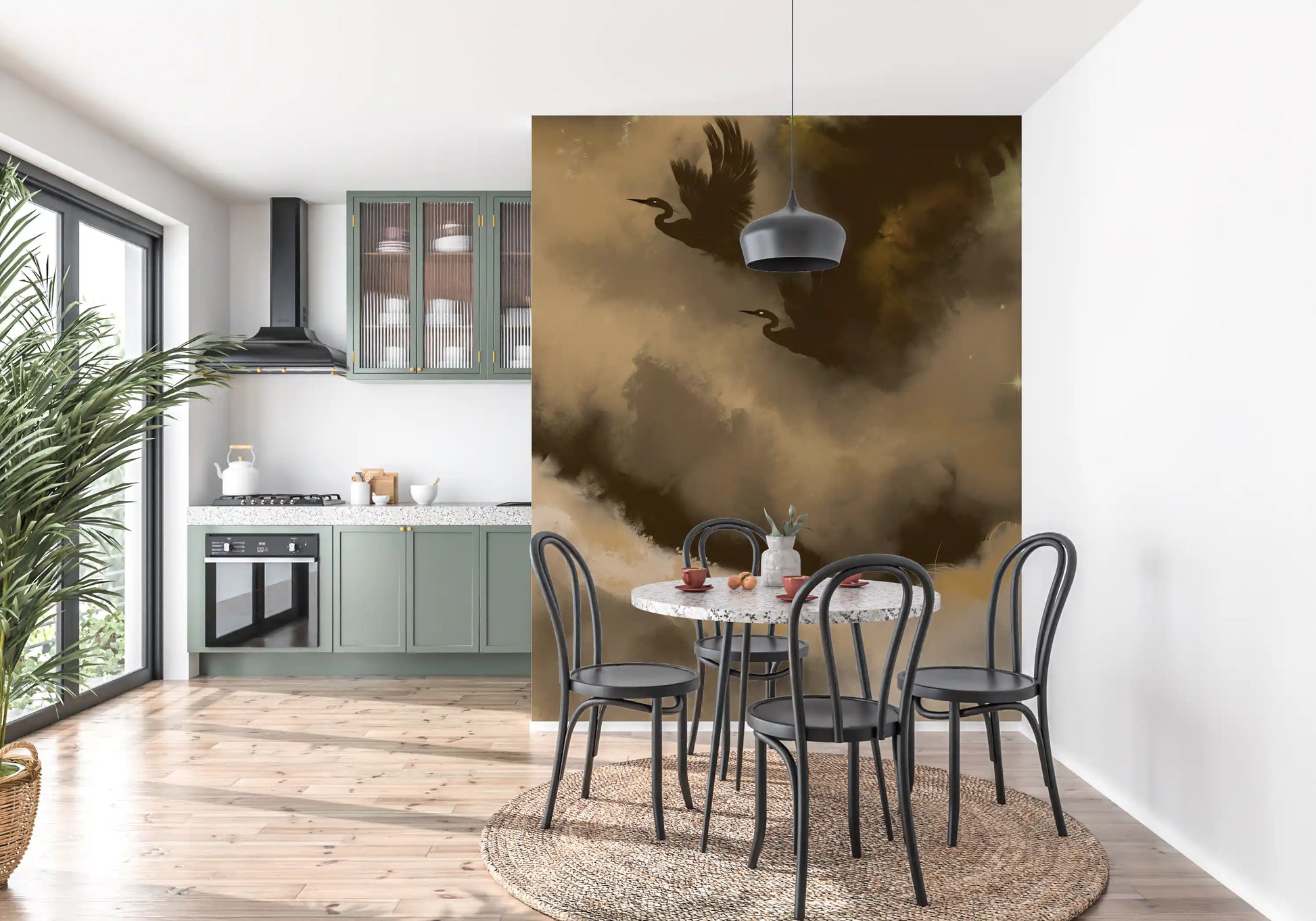 Mystic Flight of Herons wall mural showing two birds in golden mist
