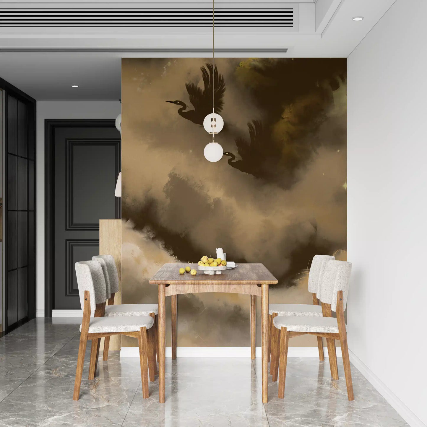 Golden cloud mural with herons in a kitchen-dining area wall mual 