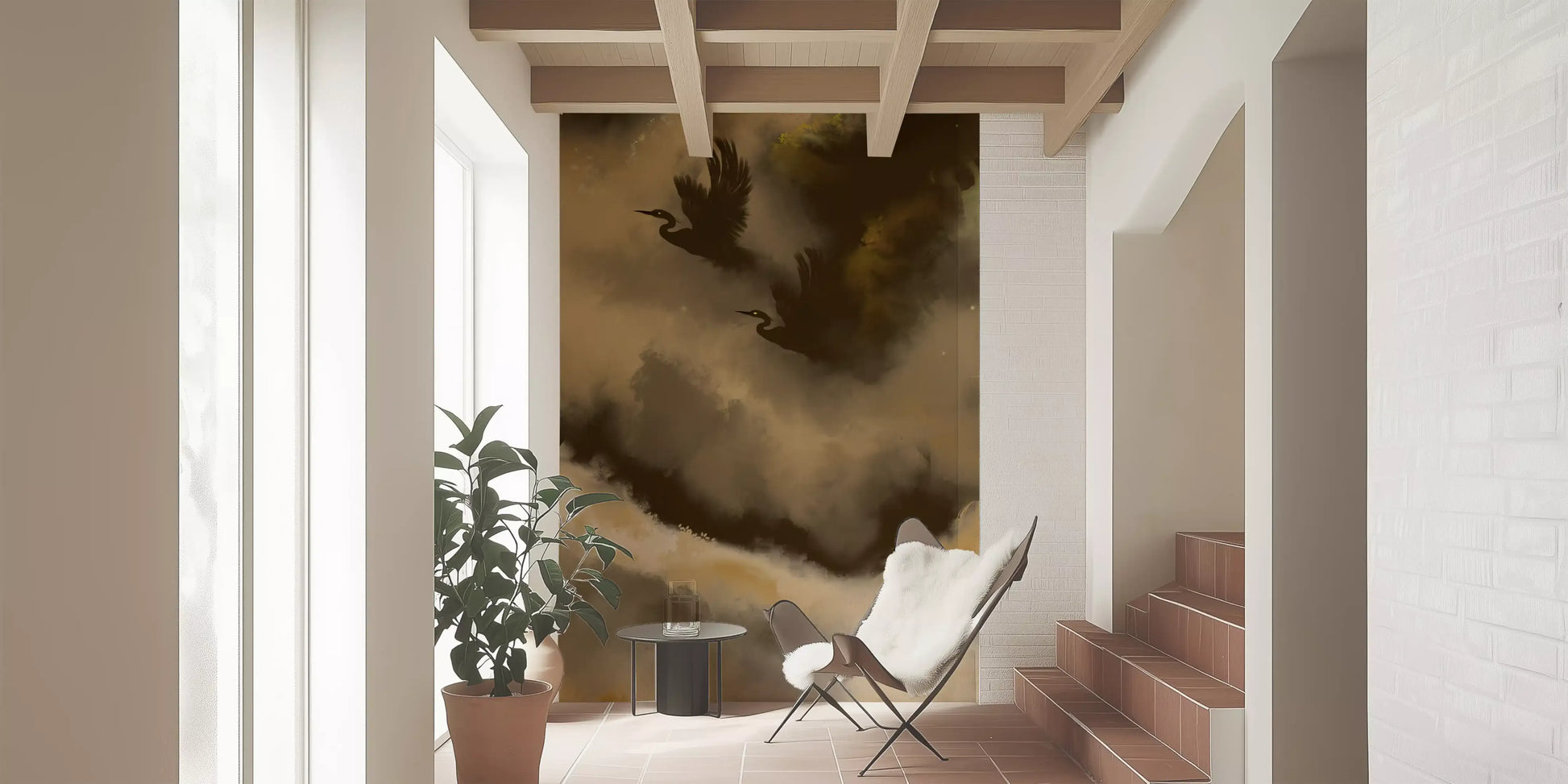 Entryway wearing the Mystic Flight of Herons wall mual  in warm tones