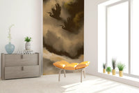 Watercolour clouds fade from cream to amber in this heron wall mural