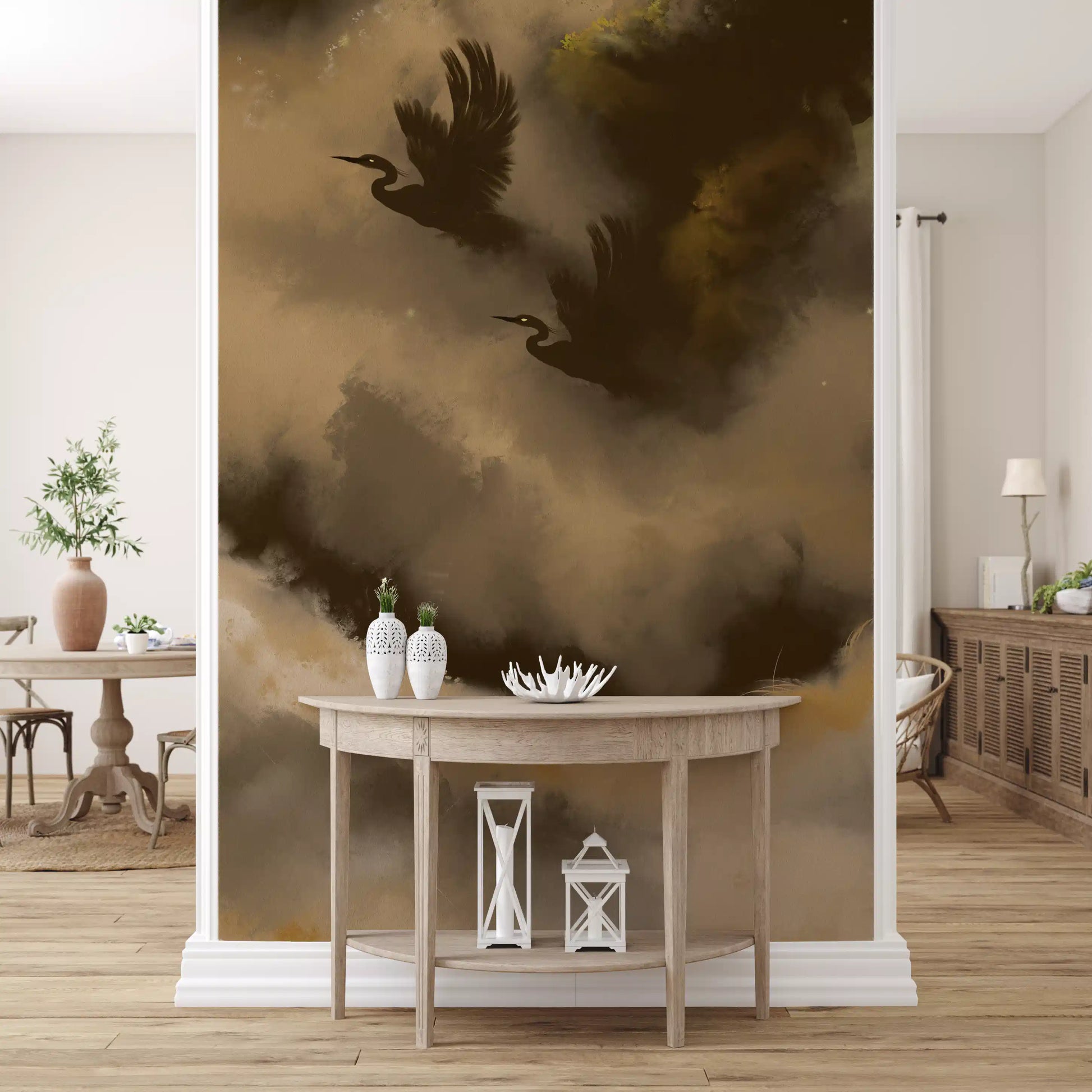 Misty heron scene wraps wall mual the back of a modern Hallway 