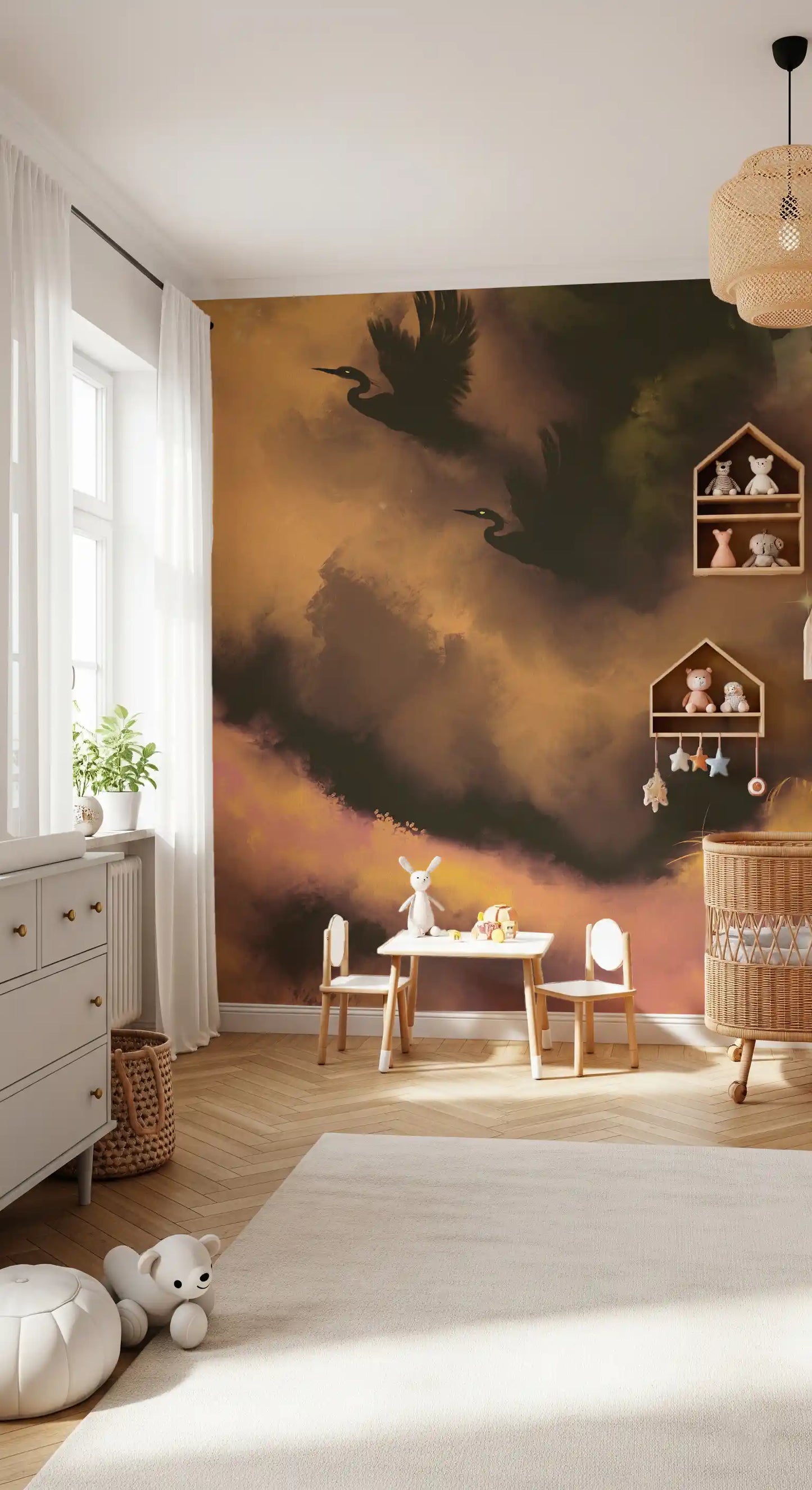 Dark bird shapes rise high in the moody Ethereal Flight wall mural