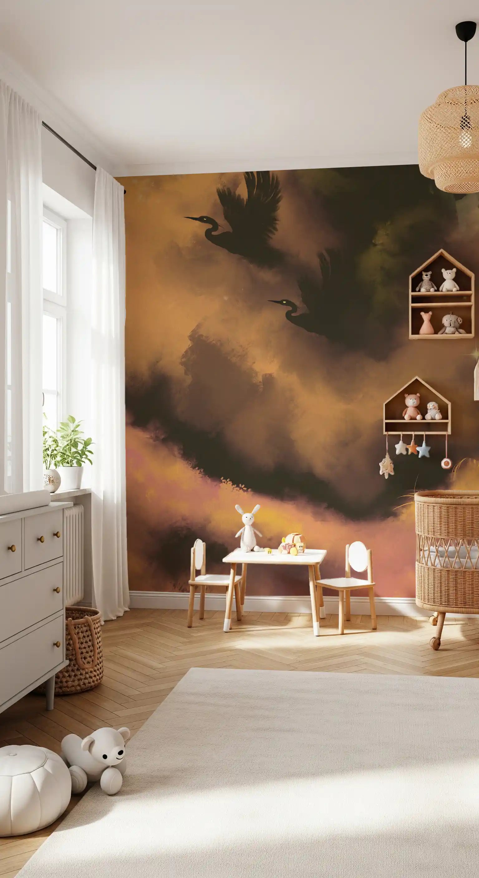 Dark bird shapes rise high in the moody Ethereal Flight wall mural