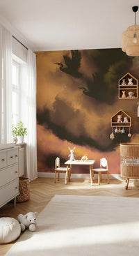 Dark bird shapes rise high in the moody Ethereal Flight wall mural