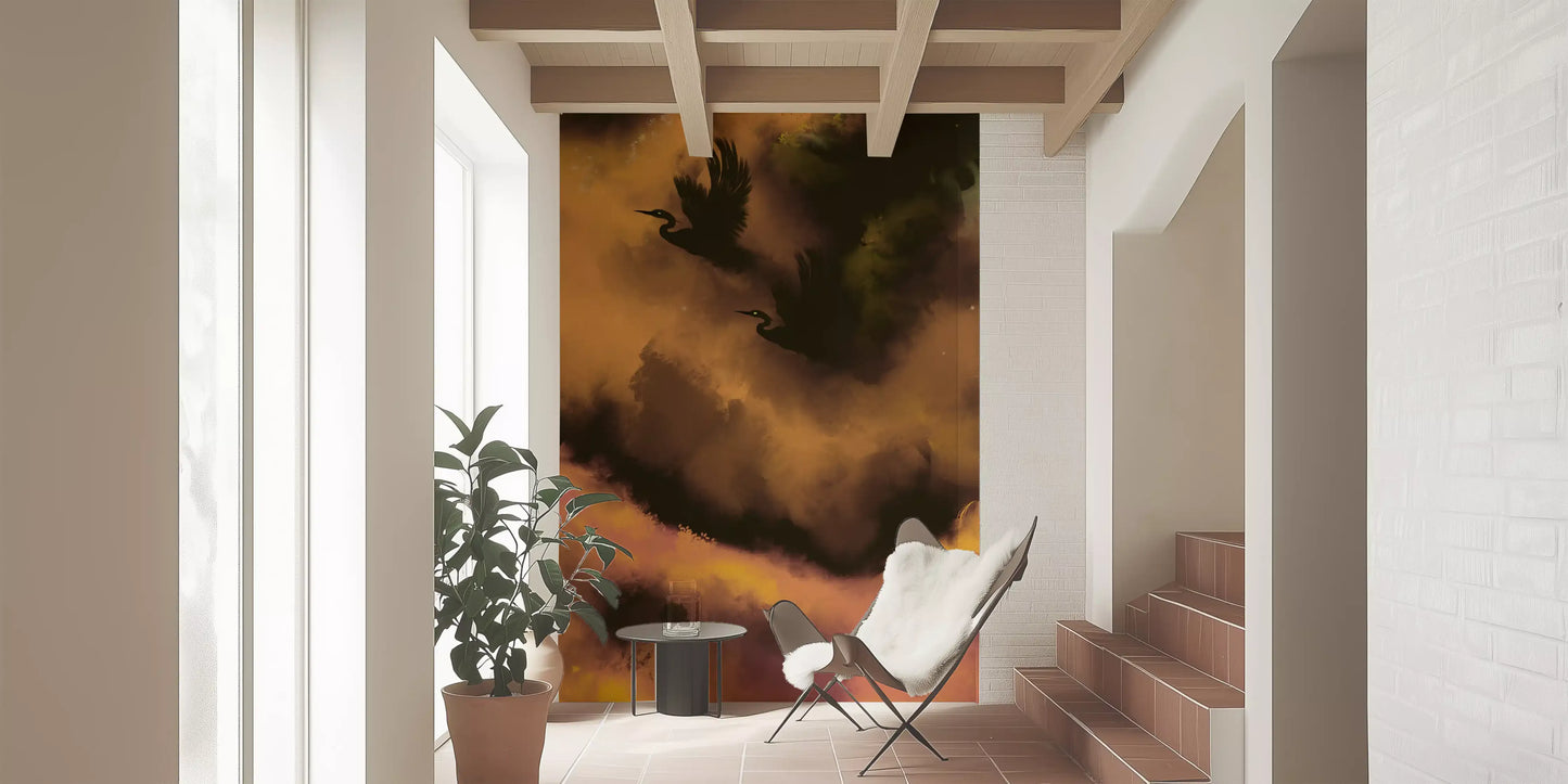 Warm ochre fades to dusky pink across the Ethereal Flight wall mural