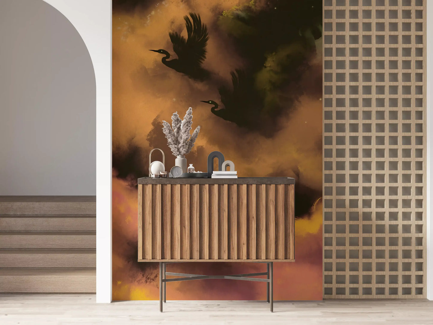 Entryway where Ethereal Flight wall mural glows in amber and plum
