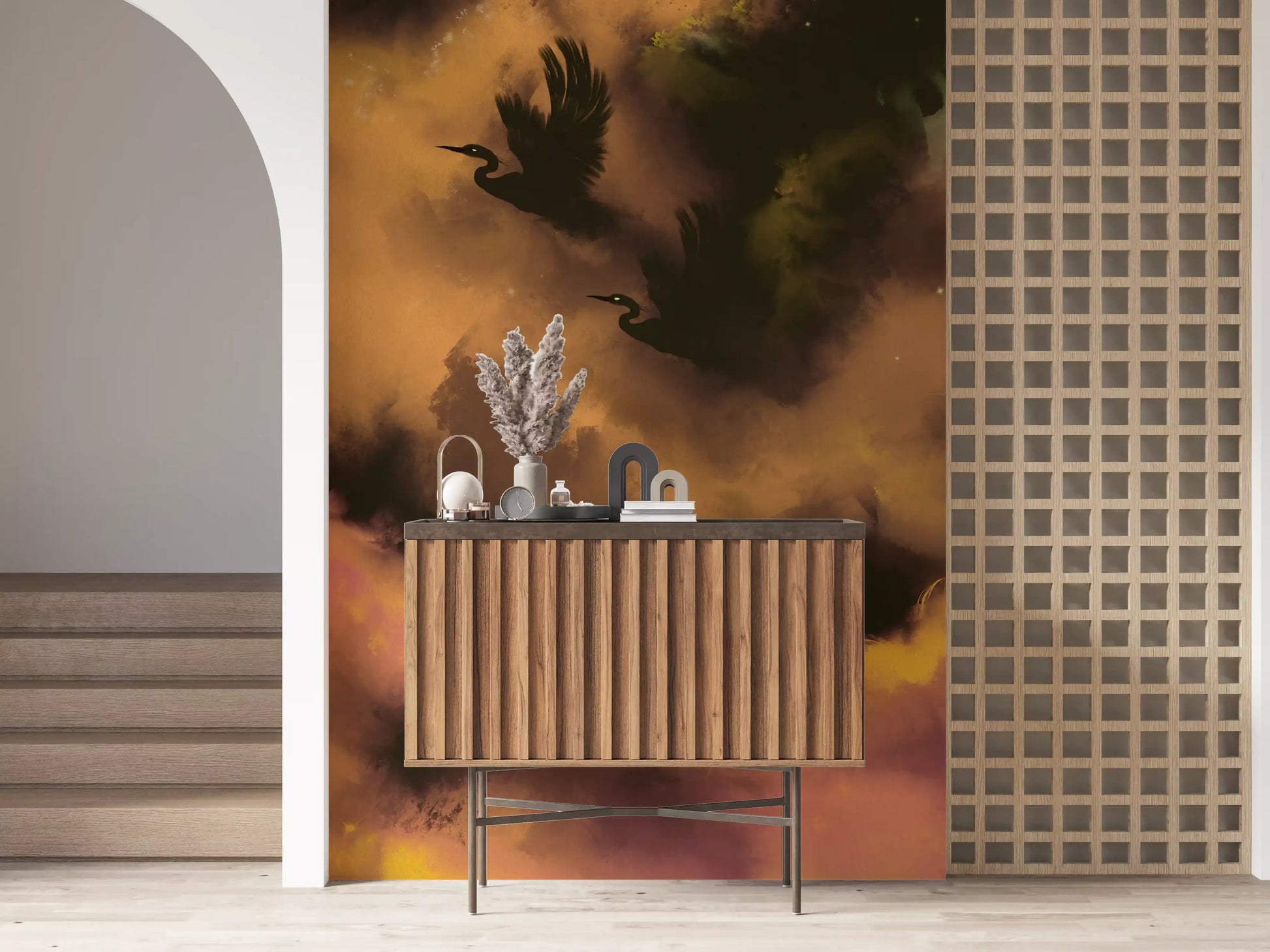 Entryway where Ethereal Flight wall mural glows in amber and plum