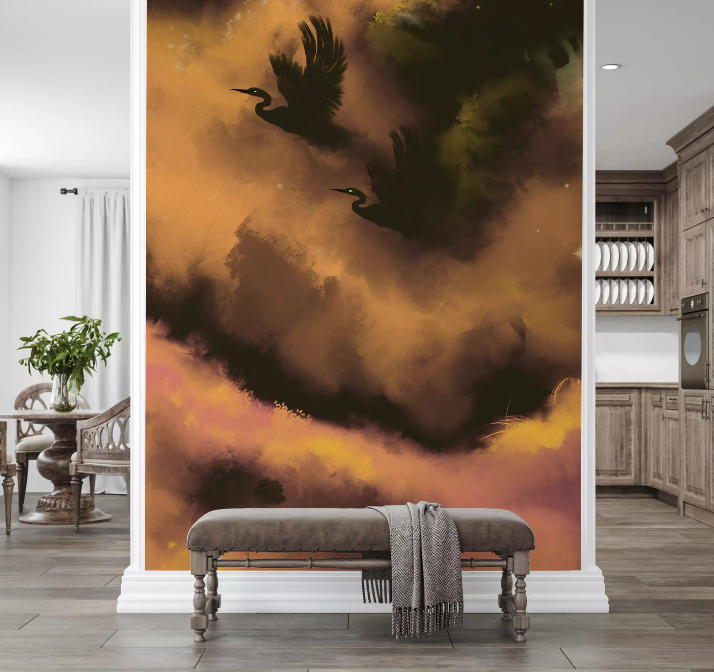 Lounge nook lit softly against the Ethereal Flight wall mural