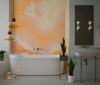 Bathroom paired with a warm peach heron wall mural