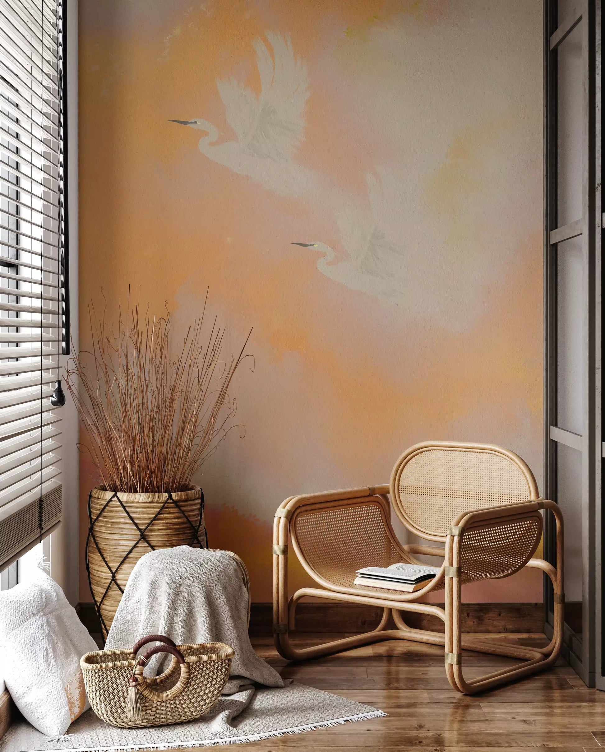 Living room styled around a warm coral heron wall mural
