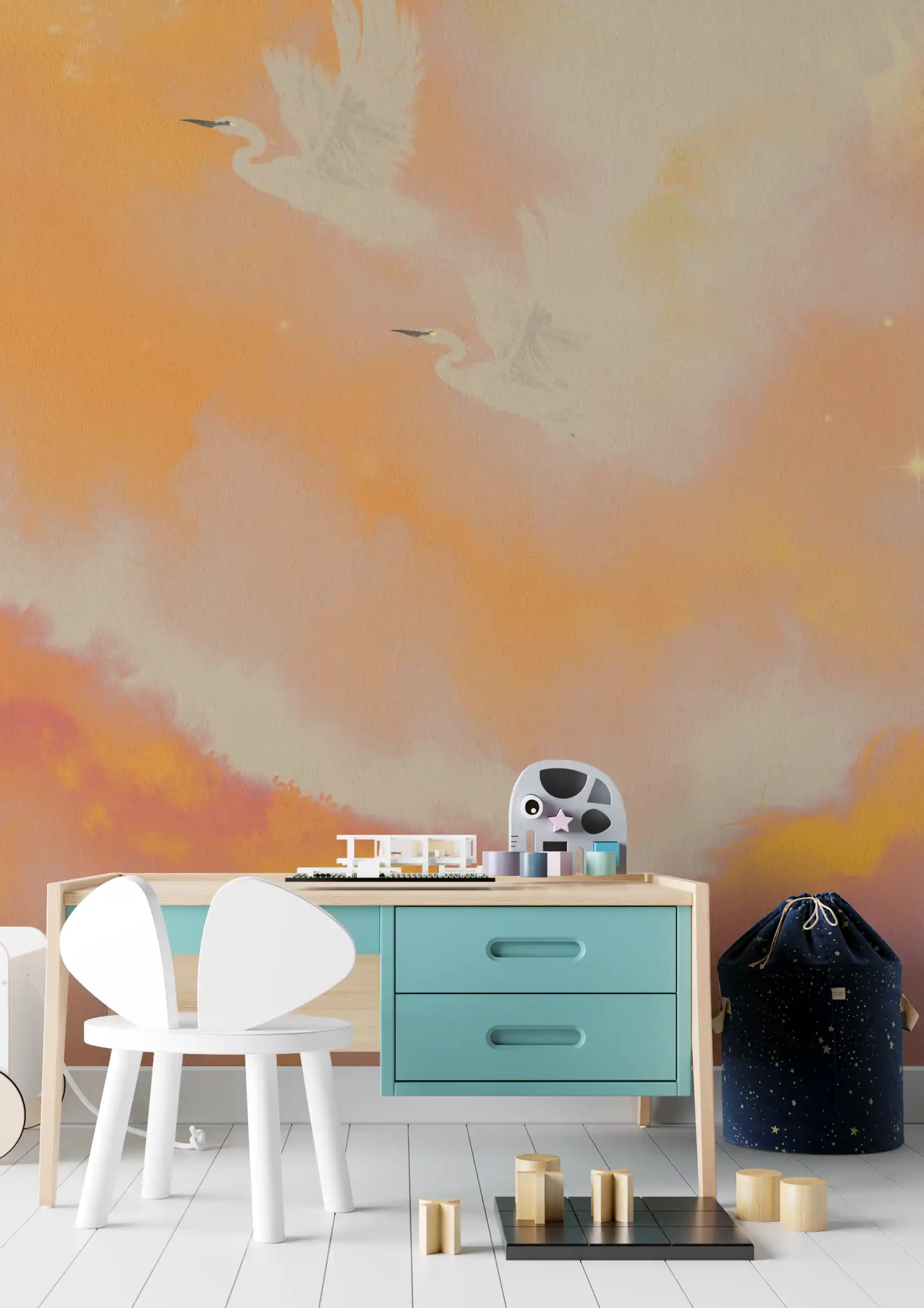 Peach sunset wall mural with two herons in a bright Kids room