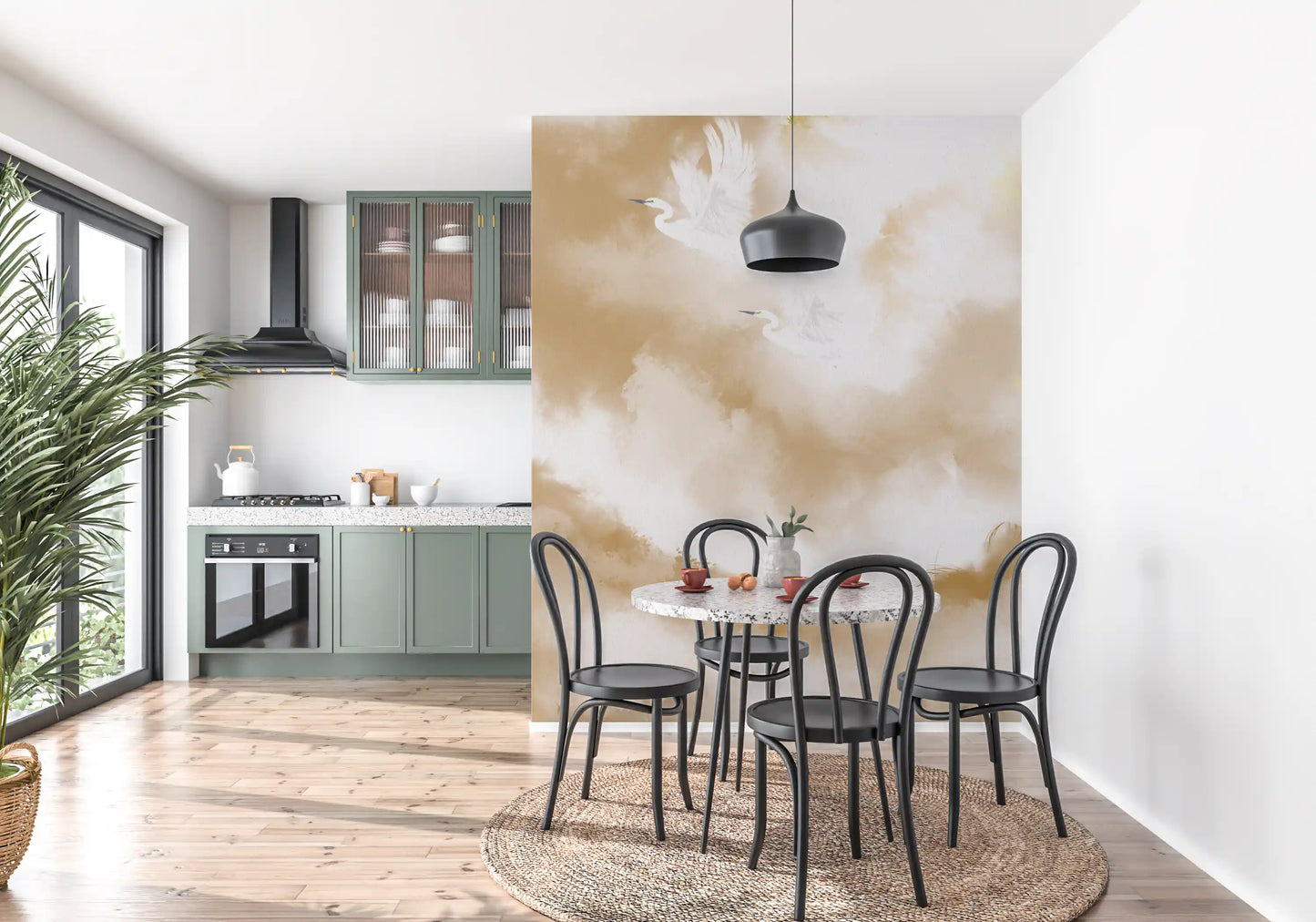 Dining area where the beige heron wall mural sets a quiet tone