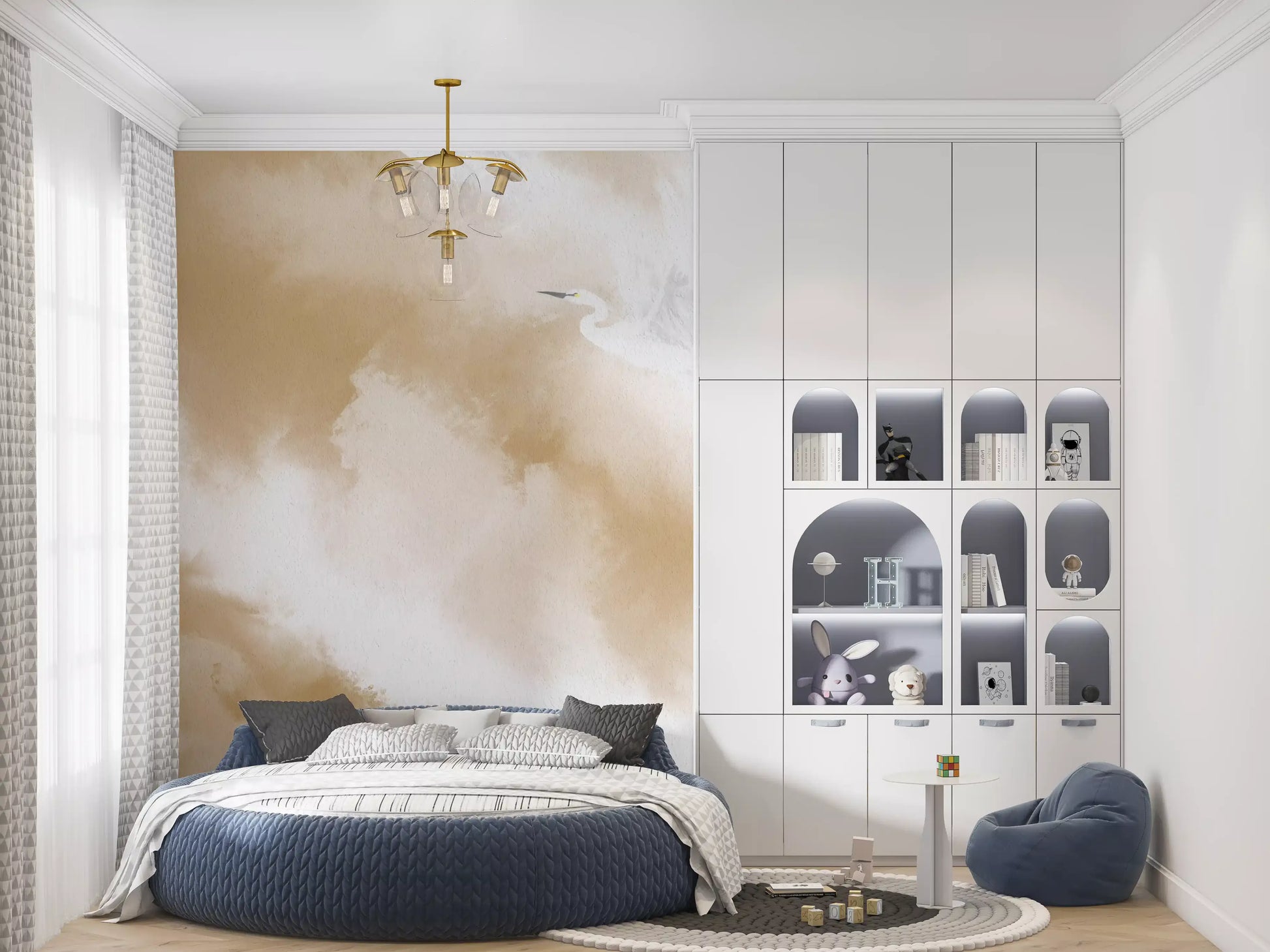 Bedroom styled around a Flight of Serenity watercolour wall mural