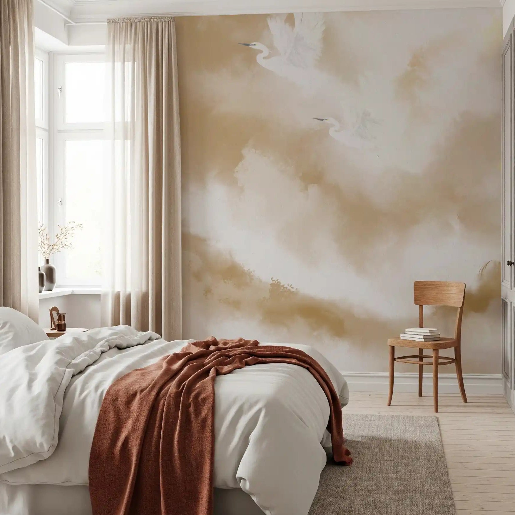 Bedroom with beige cloud Flight of Serenity wall mural