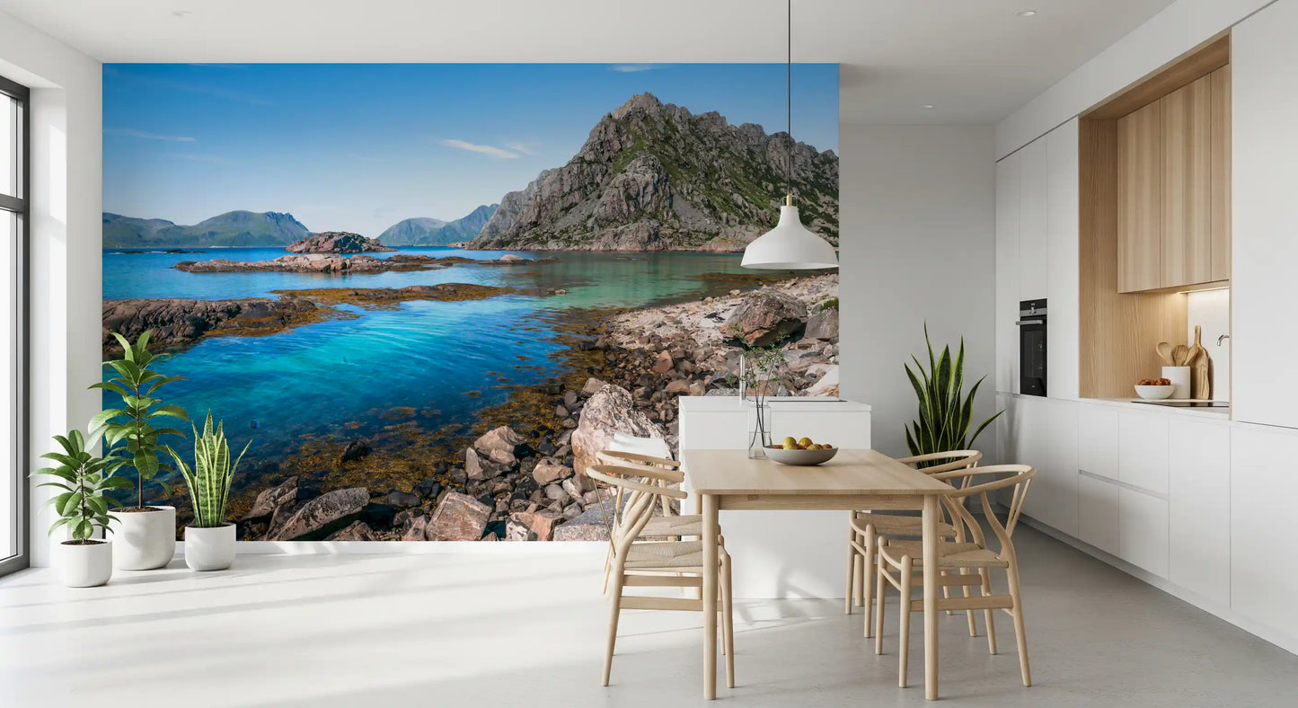 Turquoise and blue inlet framed by rocky headlands in this seascape wall mural