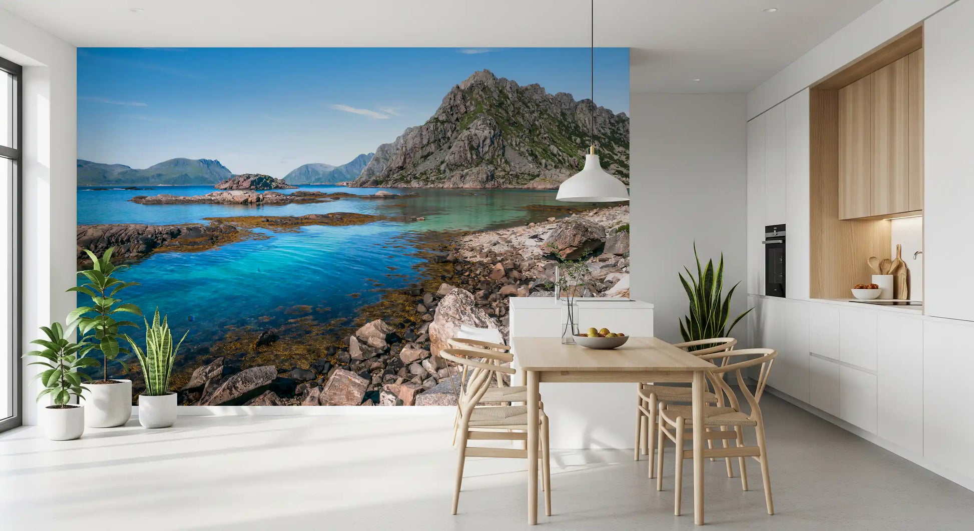 Turquoise and blue inlet framed by rocky headlands in this seascape wall mural