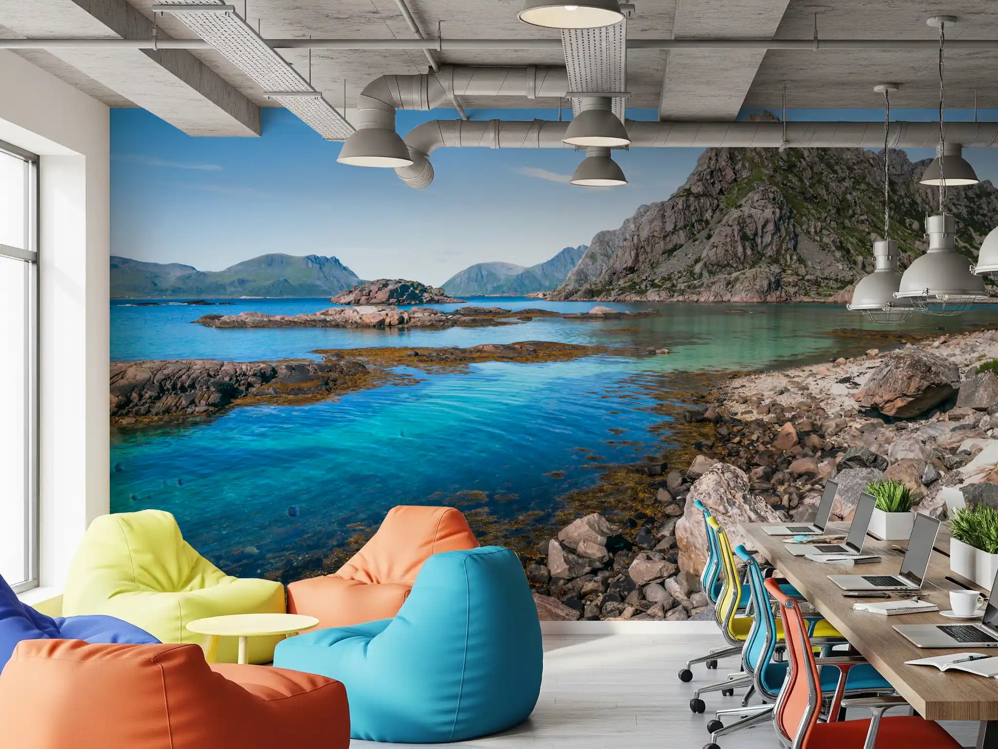Office work area featuring the Coastal Peaks Turquoise Depths seascape wall mural