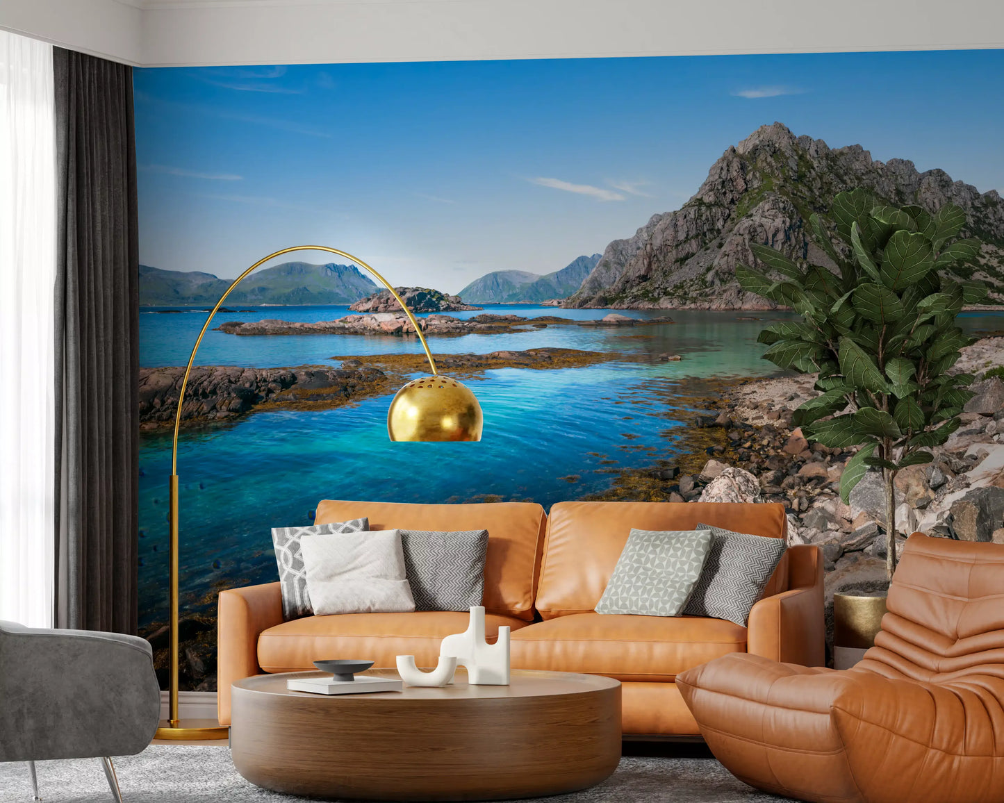 Smooth foreground boulders edge the shallow water of this coastline wall mural