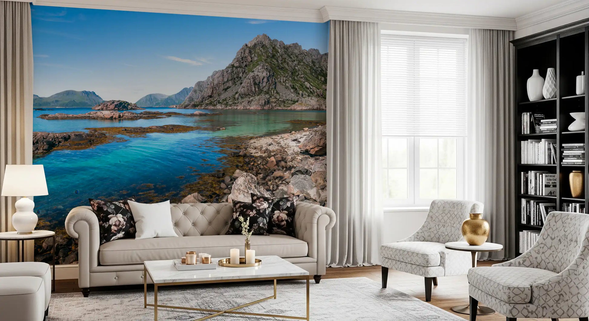 Living room wall mural showing rugged peaks above a quiet coastal bay