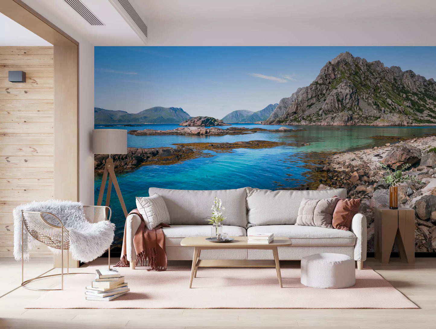 Hallway brightened by the Coastal Peaks Turquoise Depths shoreline wall mural