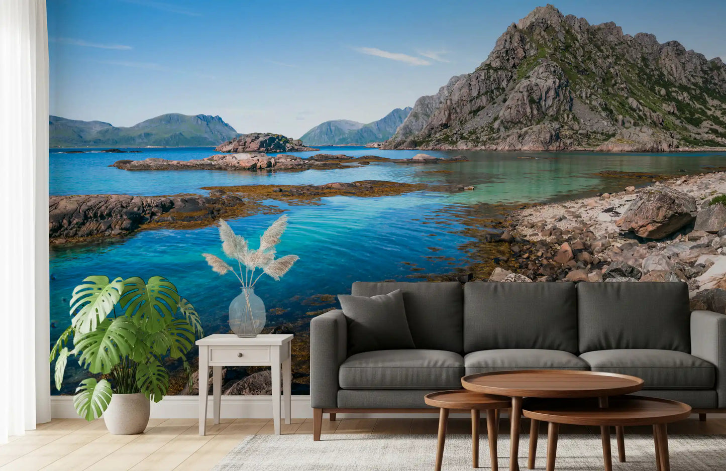 Calm lounge backed by mountain and turquoise inlet wall mural scenery