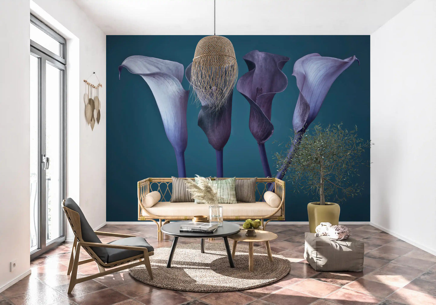 Four calla lily blooms cross at the stems in this wall mural