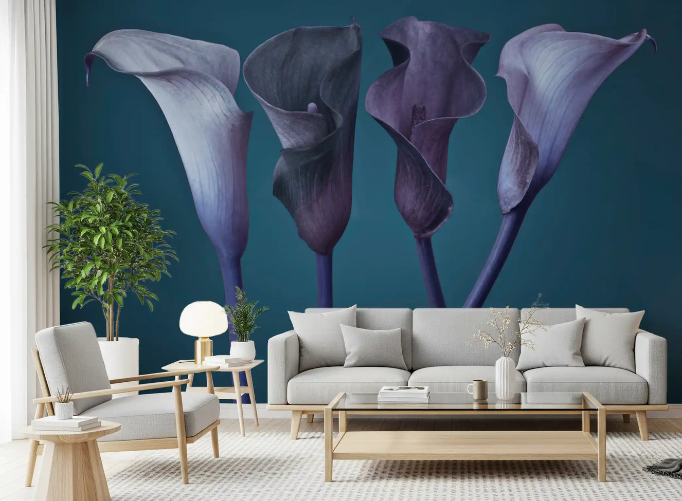 Living room styled with the Twilight Petal Dance calla lily wall mural