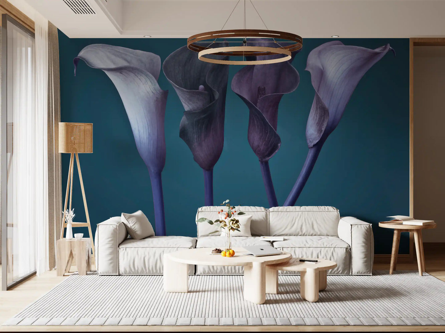 Plum calla blooms spread behind a modern Living area wall mural