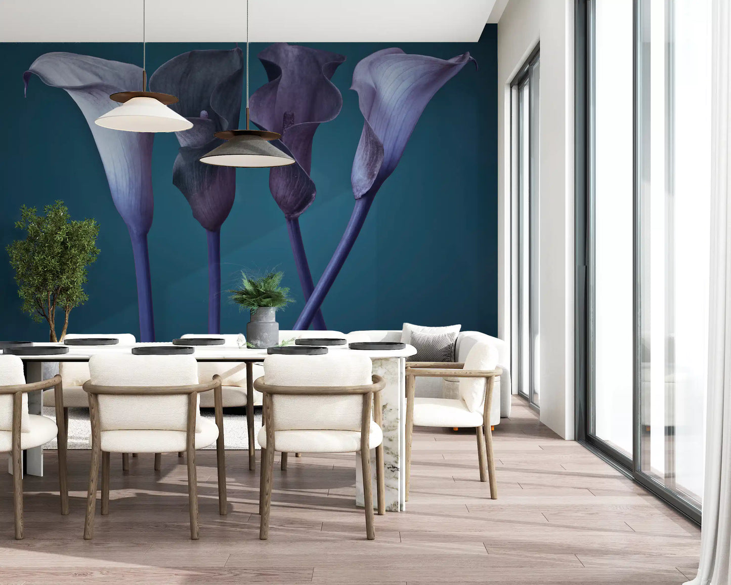 Deep teal backdrop sets off the Twilight Petal Dance floral wall mural